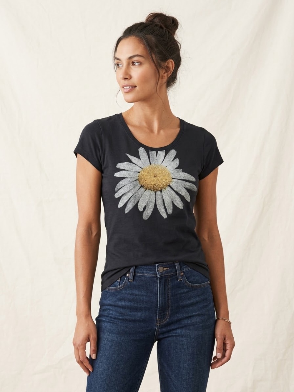 Life Is Good Black Scoop Neck Tee with Daisy Graphic